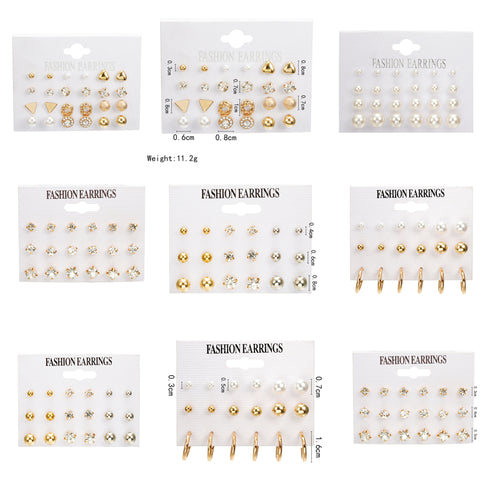 24 pcs/set Heart Flowers Vintage gold  Stud Earrings Set 2019 New Rhinestone imitation Pearl Earrings for Women Gift